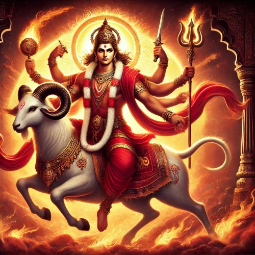 DALL·E 2025-02-22 12.00.58 - A divine depiction of Mangal Devta, the Hindu god associated with Mars and power. He is portrayed as a strong warrior, wearing red attire and golden o